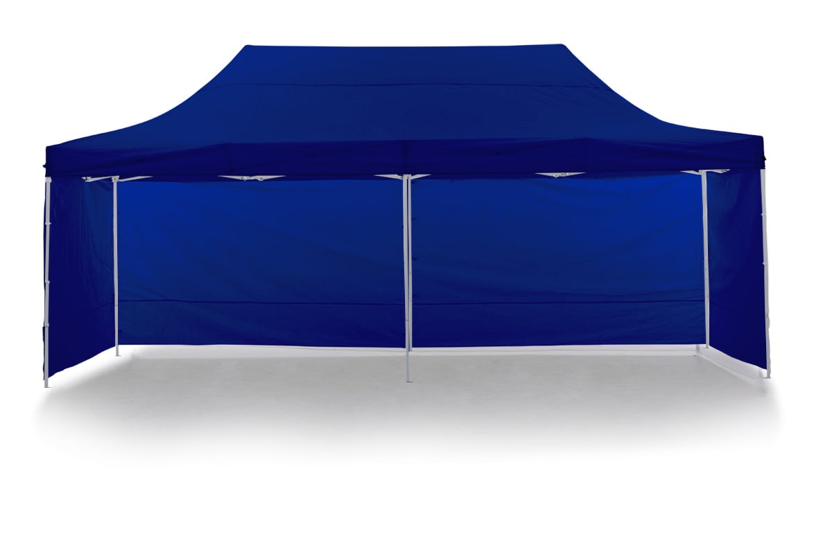 Blue pop up gazebo 3 x 6 m set up on grass with the roof fully extended