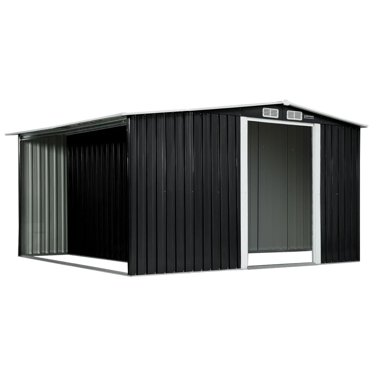 Black 10x8ft metal garden shed with semi-closed side storage