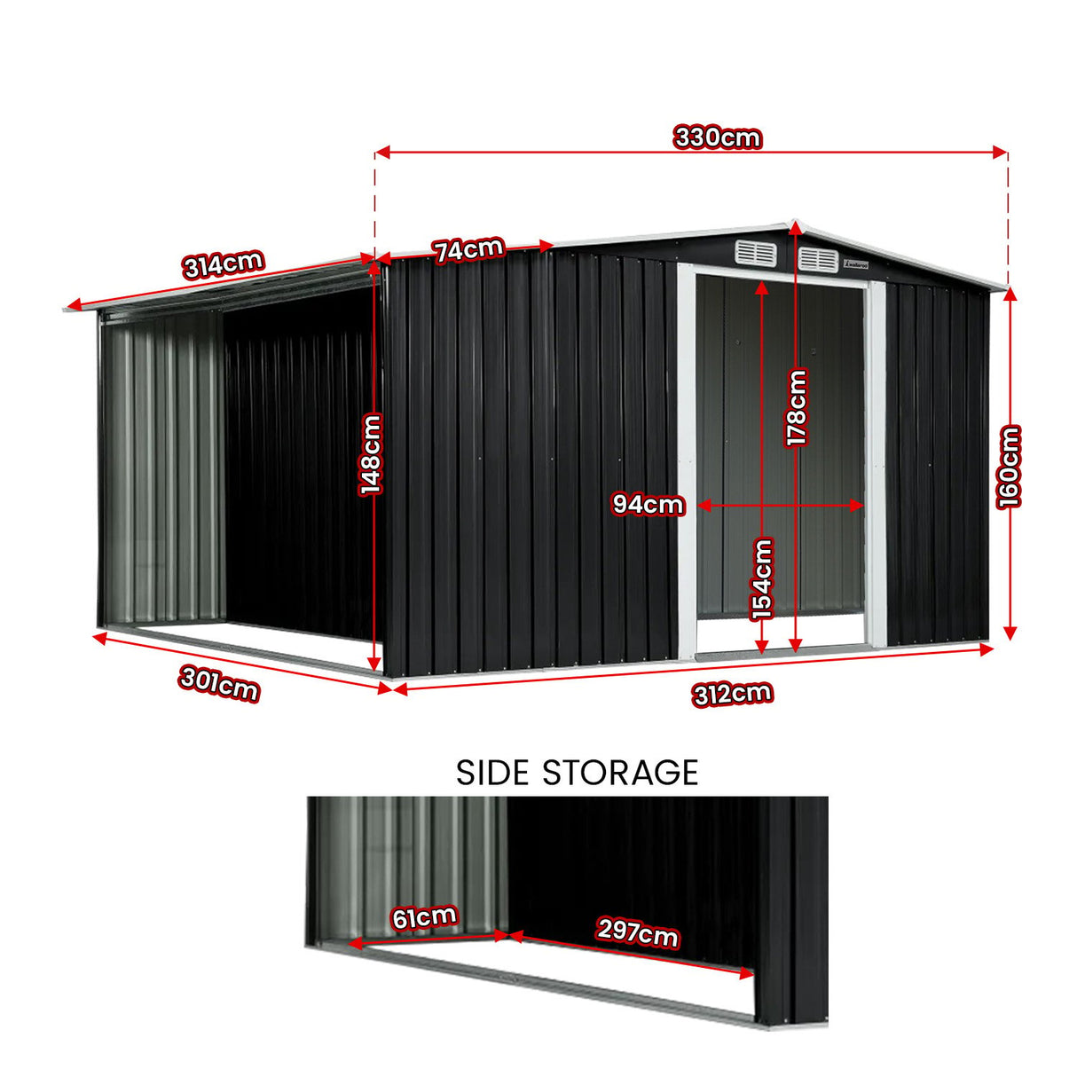 Black 10x8ft metal garden shed with semi-closed side storage (view 2)