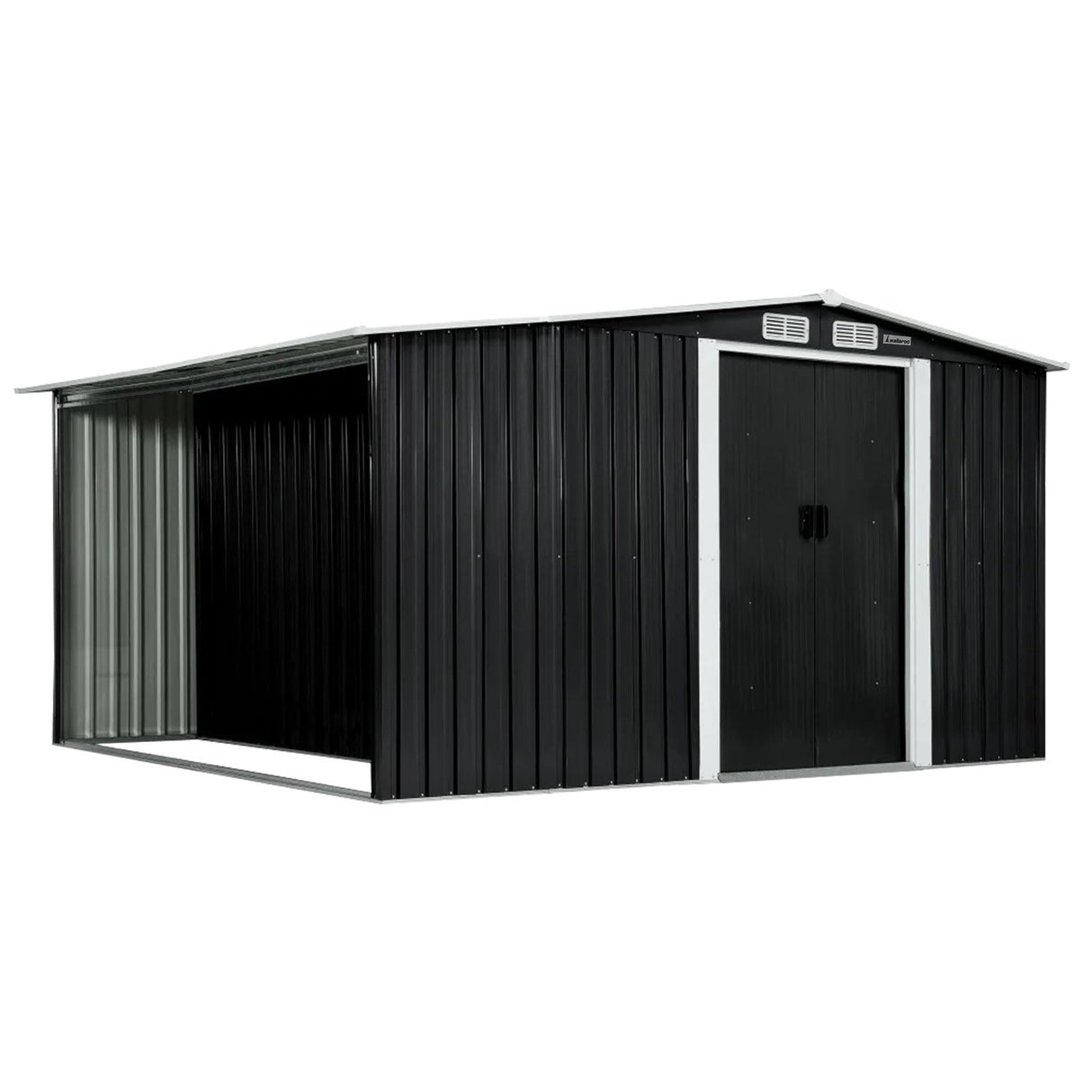 Black 10x8ft metal garden shed with semi-closed side storage (view 3)