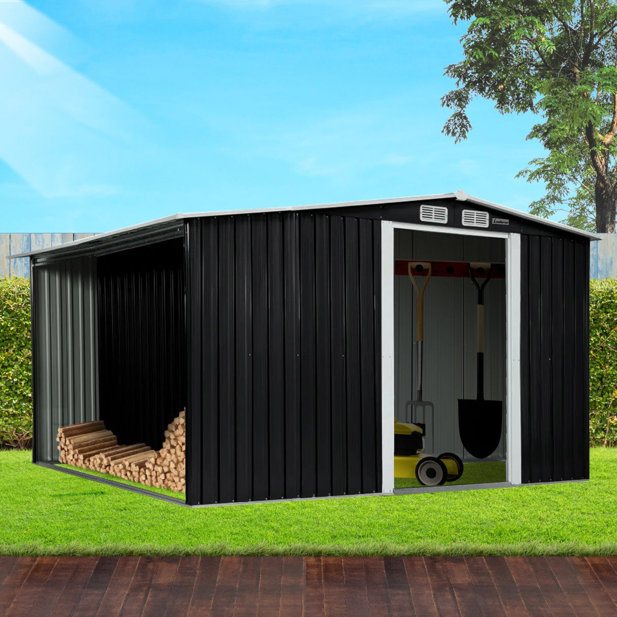 Black 10x8ft metal garden shed with semi-closed side storage (view 9)