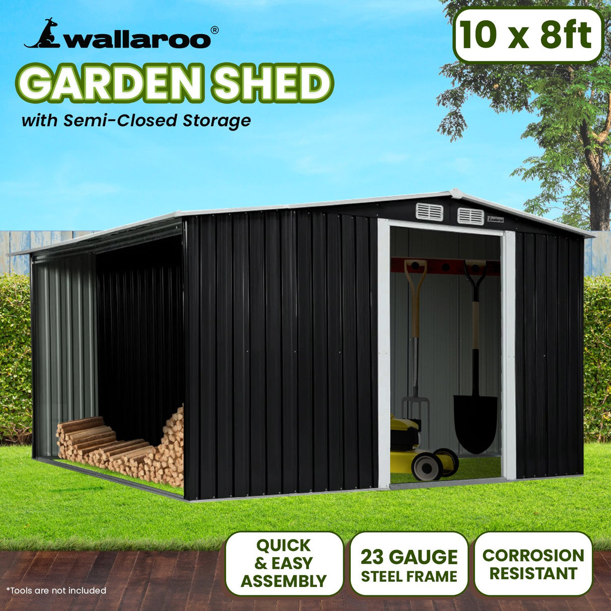 Black 10x8ft metal garden shed with semi-closed side storage (view 10)