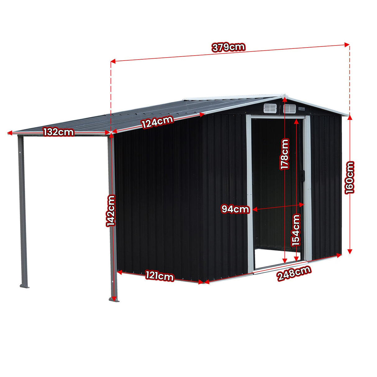 Zinc Steel Garden Shed 4 x 8ft with Open Storage - Black