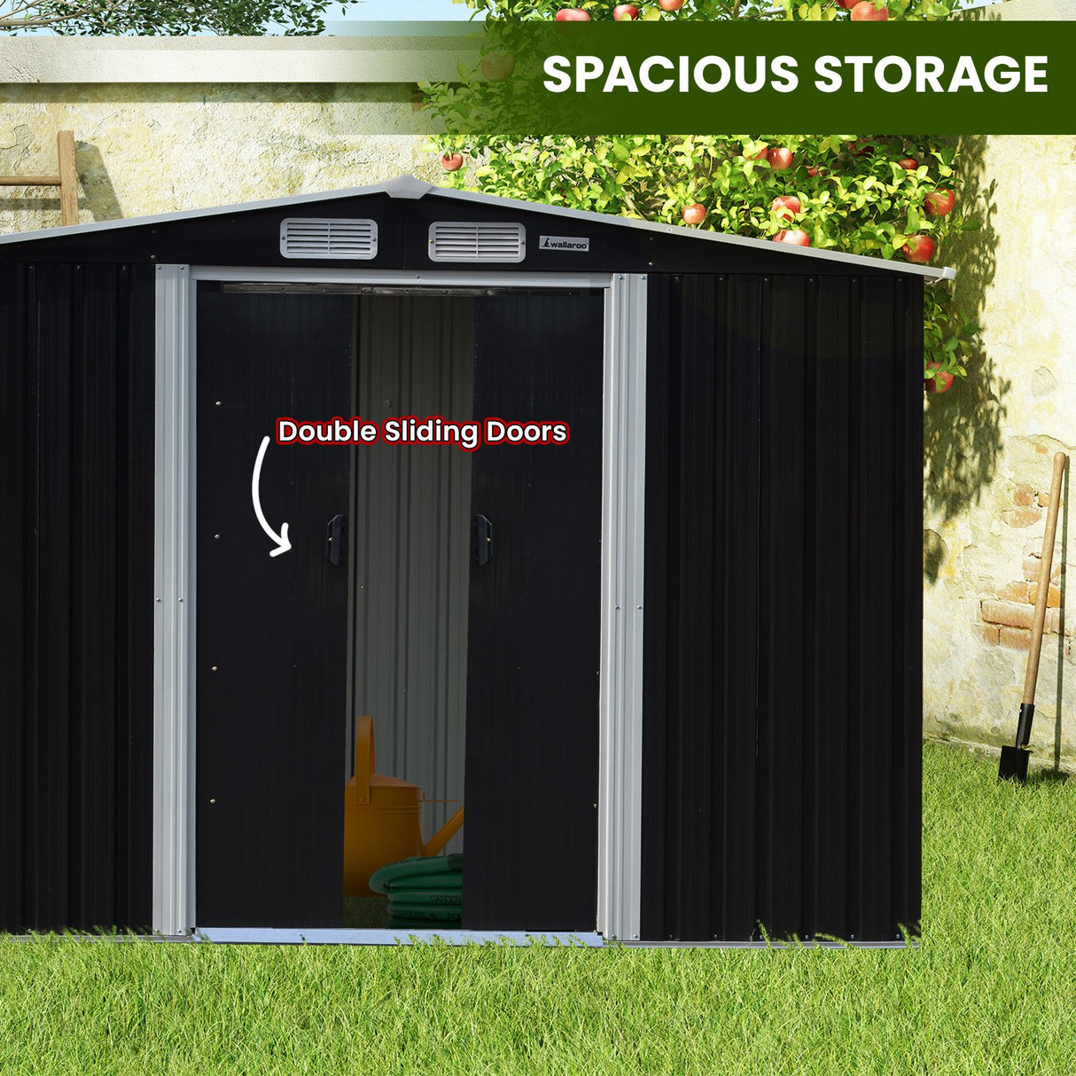Zinc Steel Garden Shed 4 x 8ft with Open Storage - Black