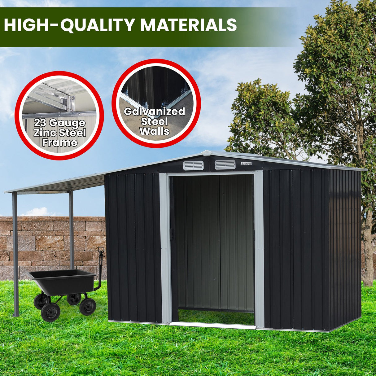 Zinc Steel Garden Shed 4 x 8ft with Open Storage - Black