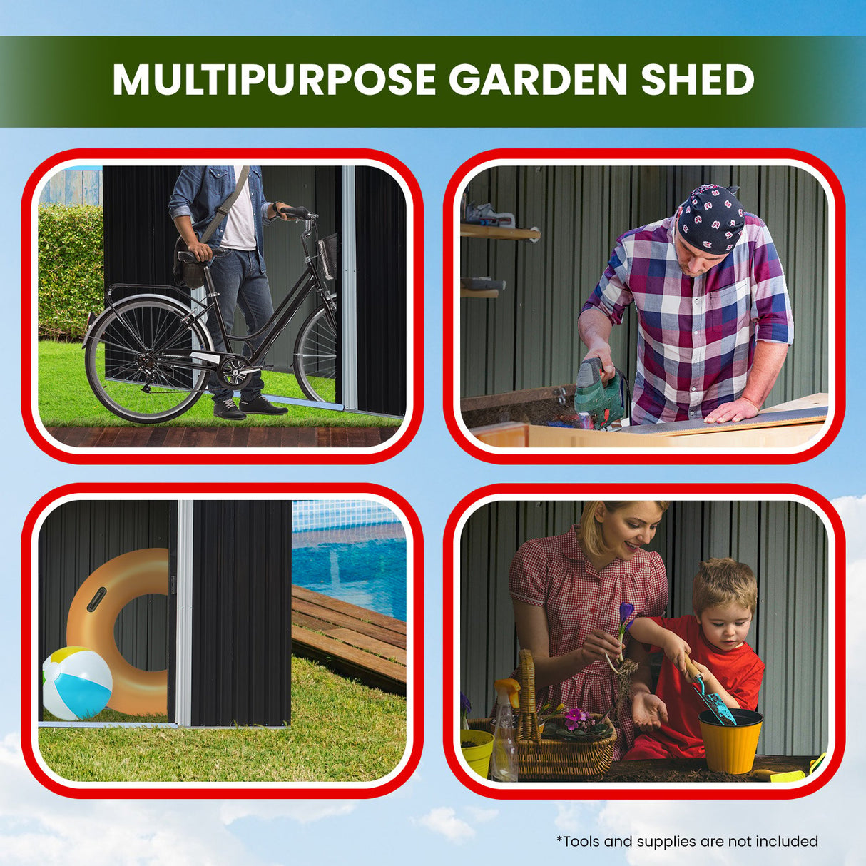 Zinc Steel Garden Shed 4 x 8ft with Open Storage - Black