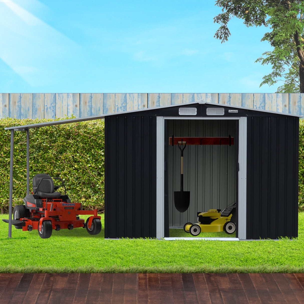 Zinc Steel Garden Shed 4 x 8ft with Open Storage - Black