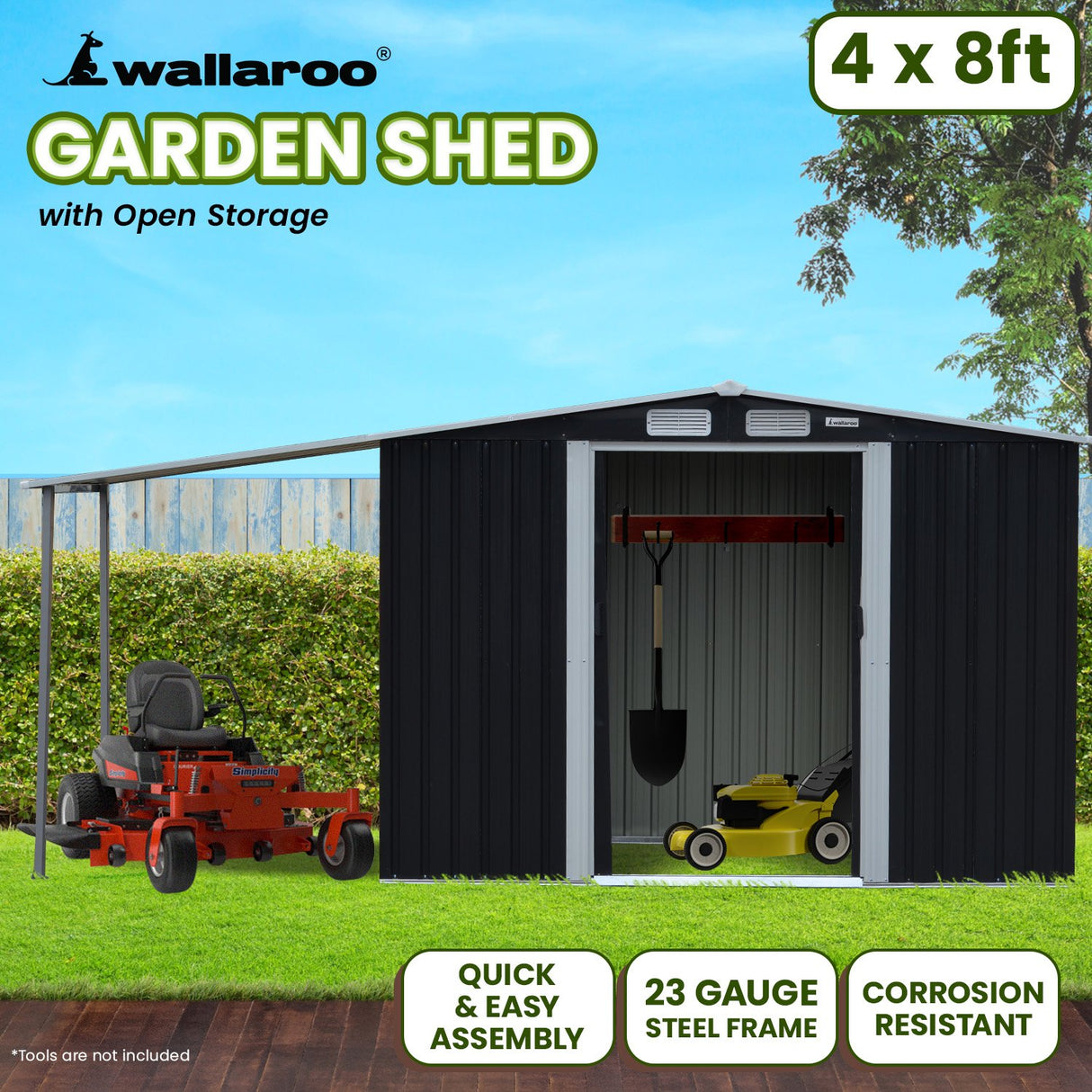 Zinc Steel Garden Shed 4 x 8ft with Open Storage - Black