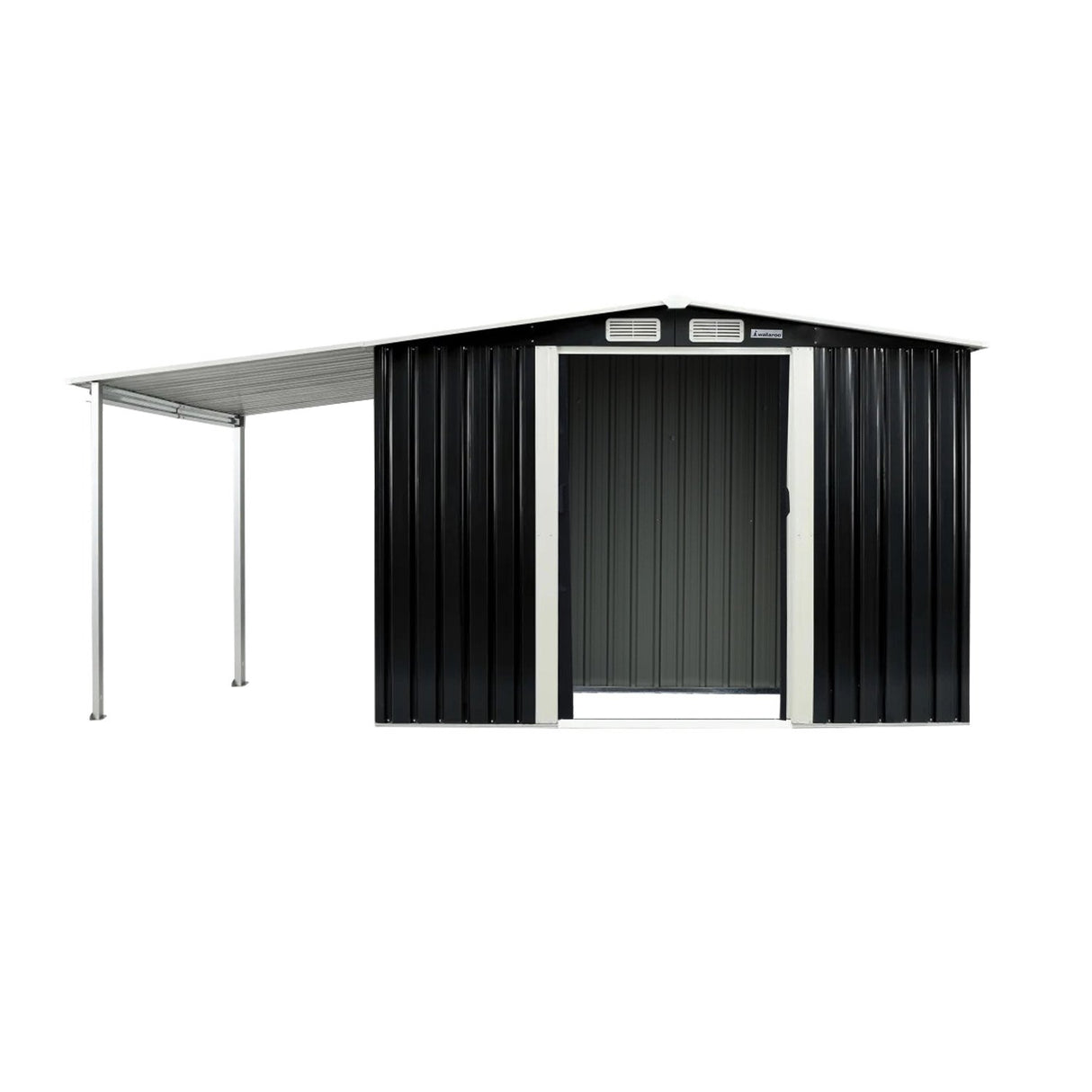 Black 6x8ft metal garden shed with open side storage