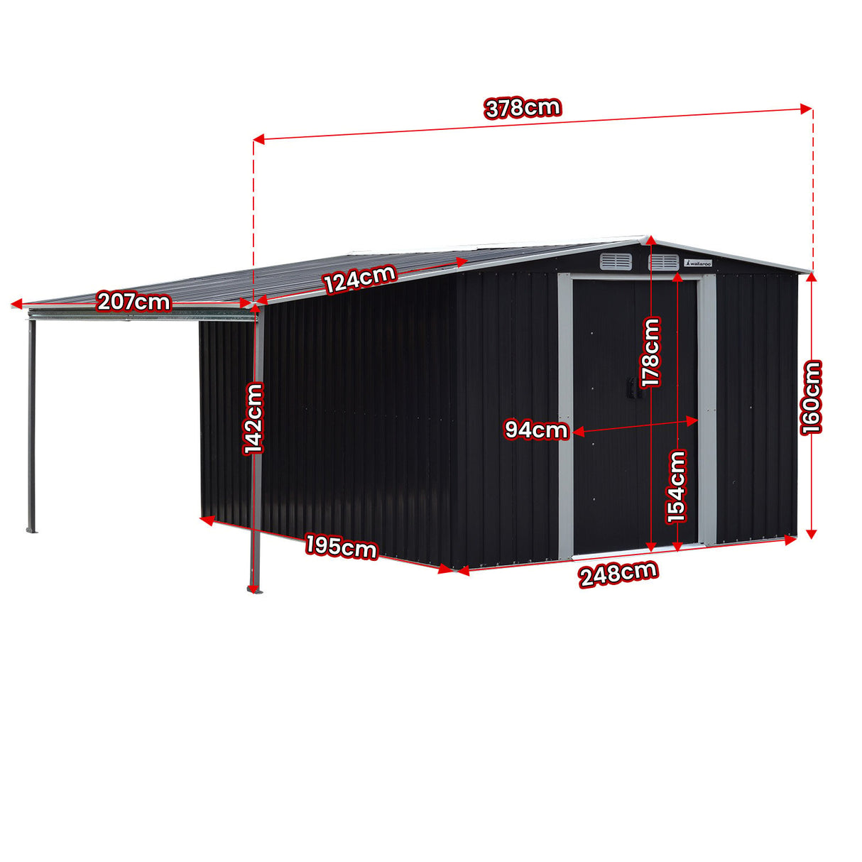 Black 6x8ft metal garden shed with open side storage (view 2)