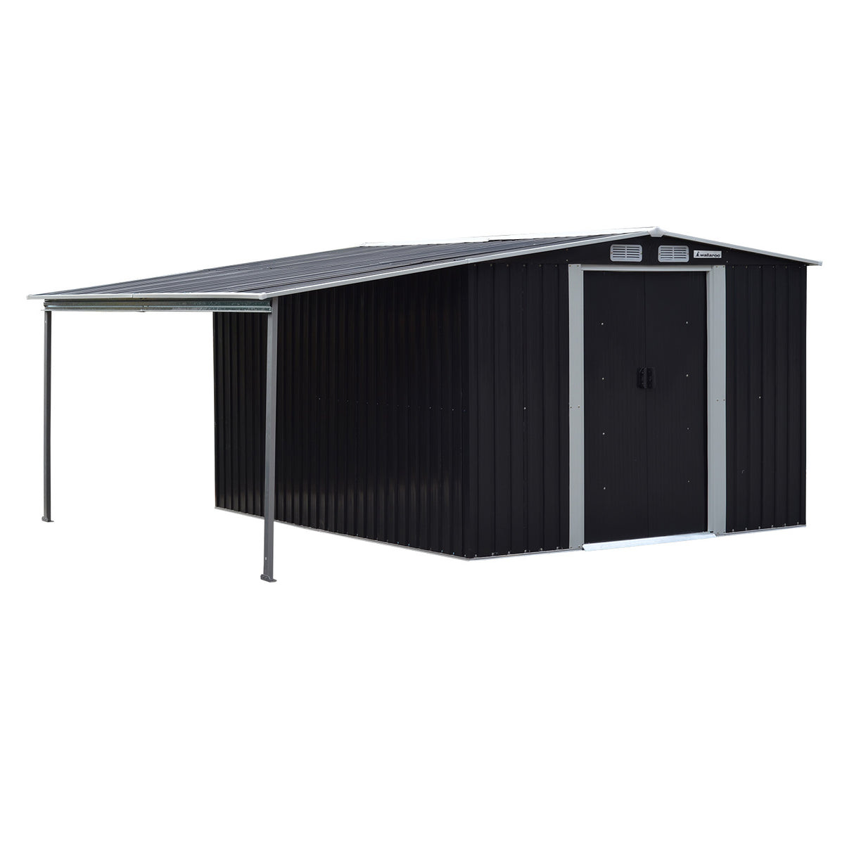 Black 6x8ft metal garden shed with open side storage (view 4)