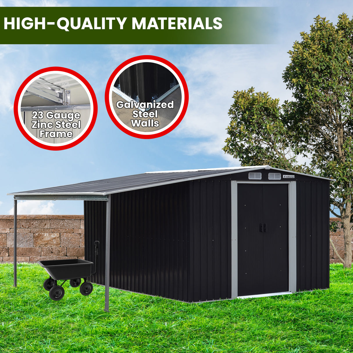 Black 6x8ft metal garden shed with open side storage (view 8)