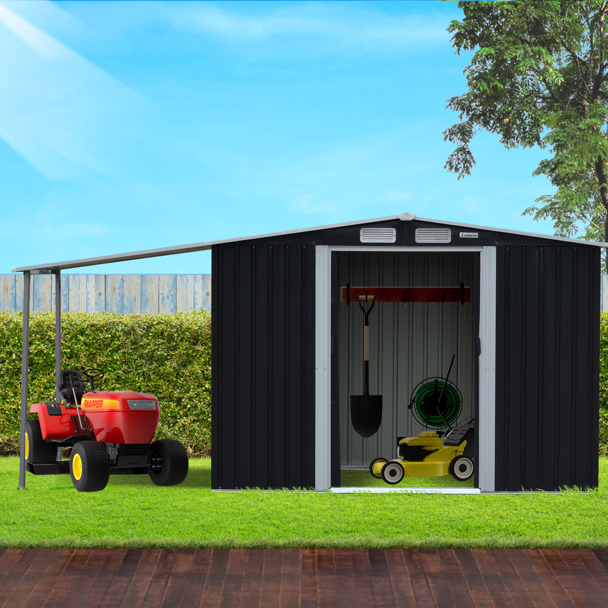 Black 6x8ft metal garden shed with open side storage (view 10)