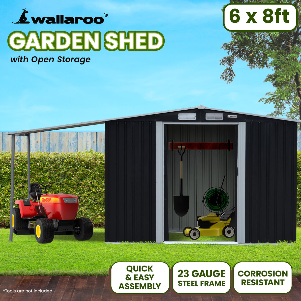 Black 6x8ft metal garden shed with open side storage (view 11)