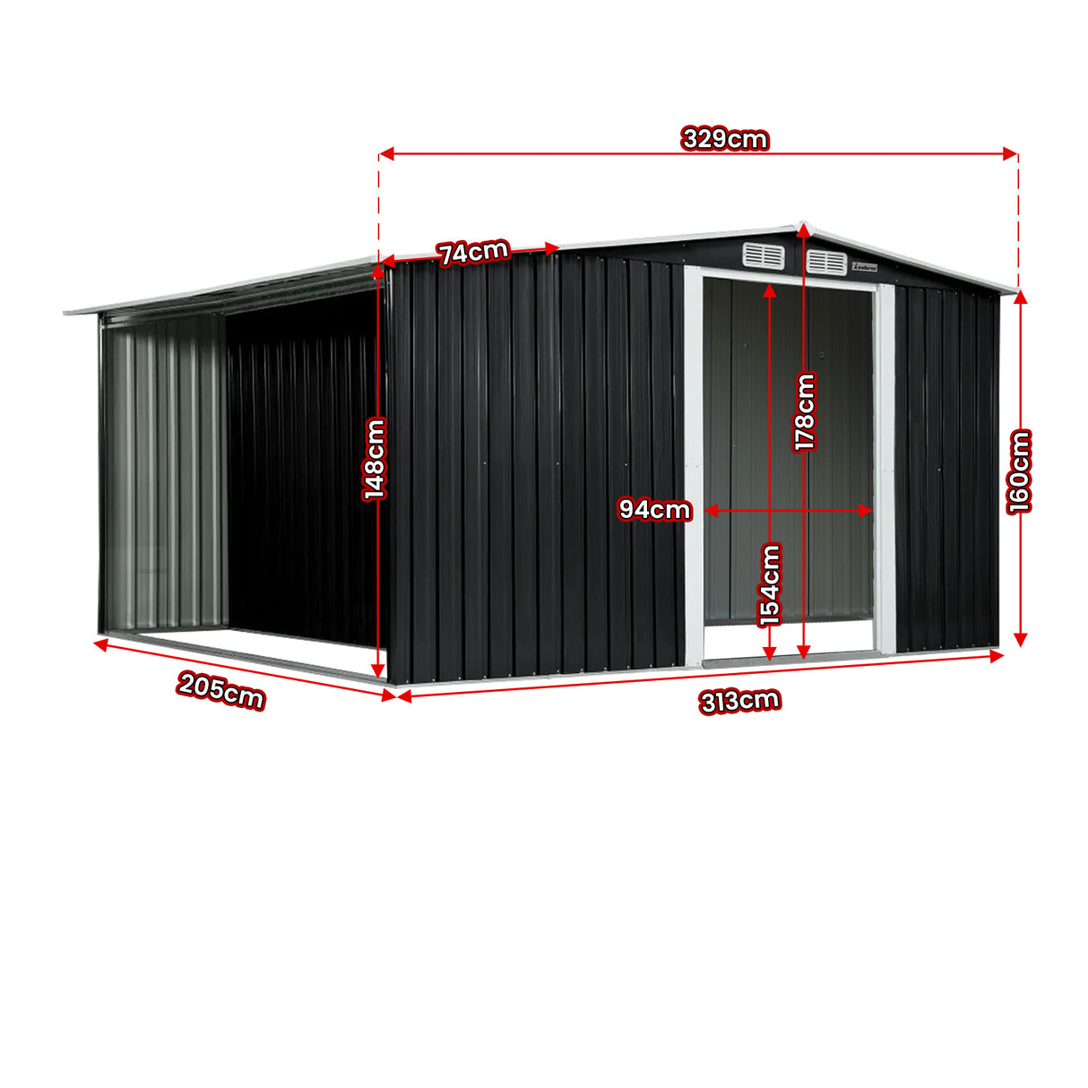 Black 6x8ft metal garden shed with semi-closed side storage (view 2)