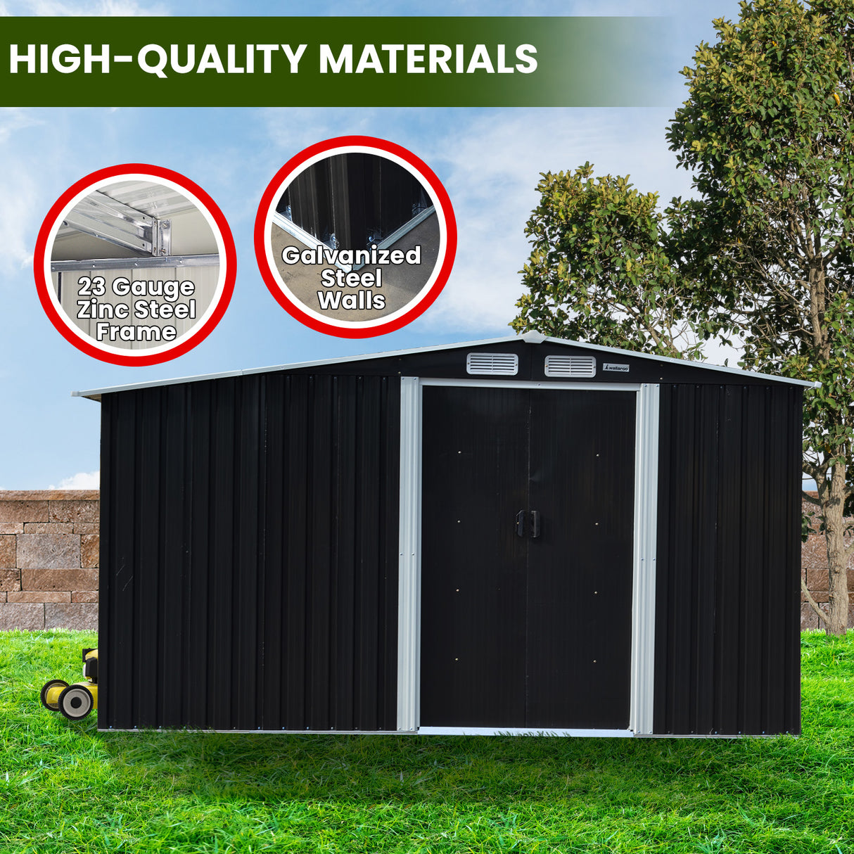 Black 6x8ft metal garden shed with semi-closed side storage (view 7)