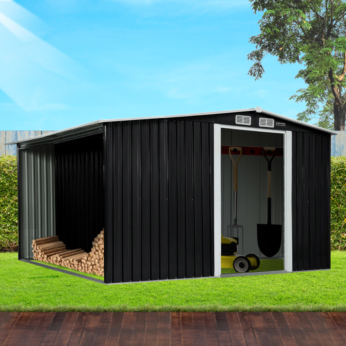 Black 6x8ft metal garden shed with semi-closed side storage (view 9)