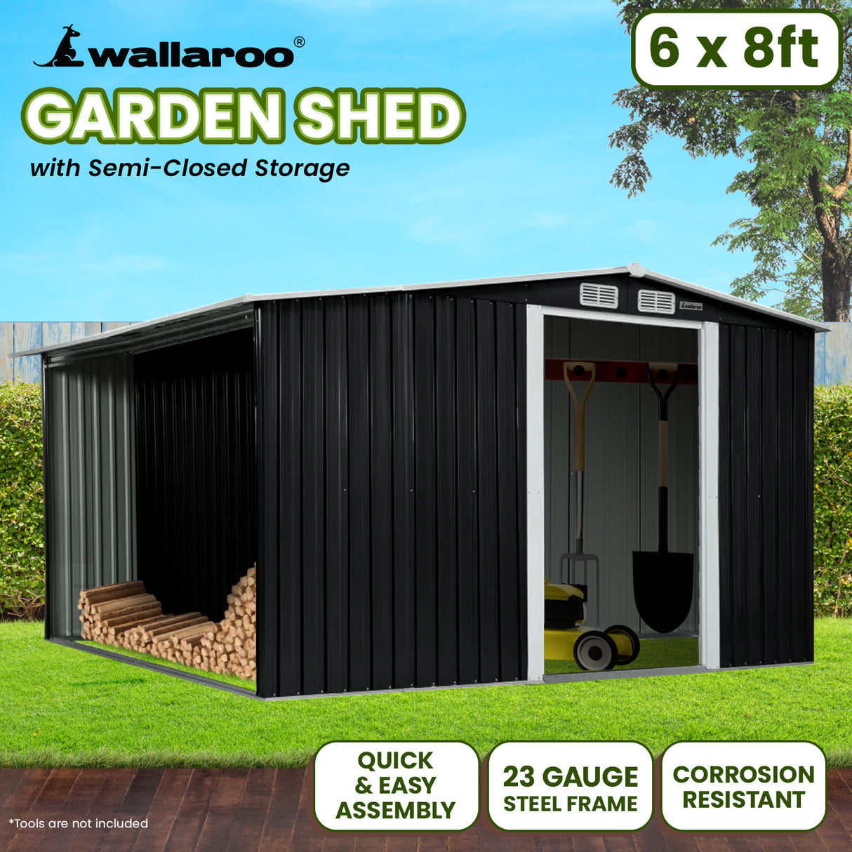 Black 6x8ft metal garden shed with semi-closed side storage (view 10)