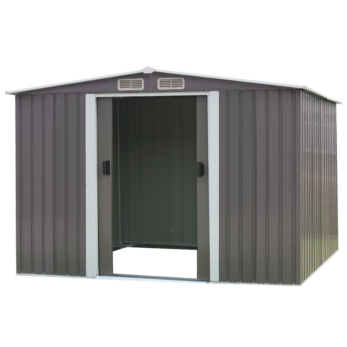 Outdoor grey galvanised steel garden shed with spire roof, front view