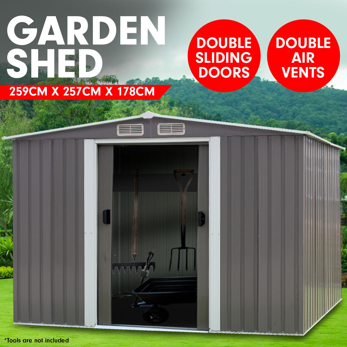 Grey steel garden shed with doors open showing interior