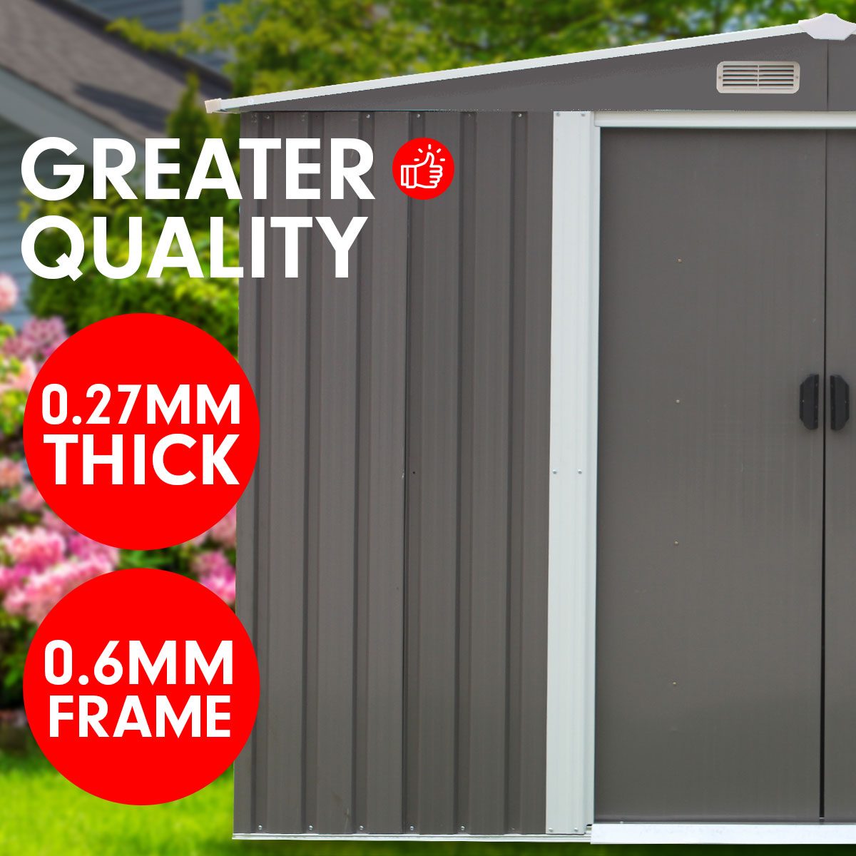Grey steel garden shed roof gable detail