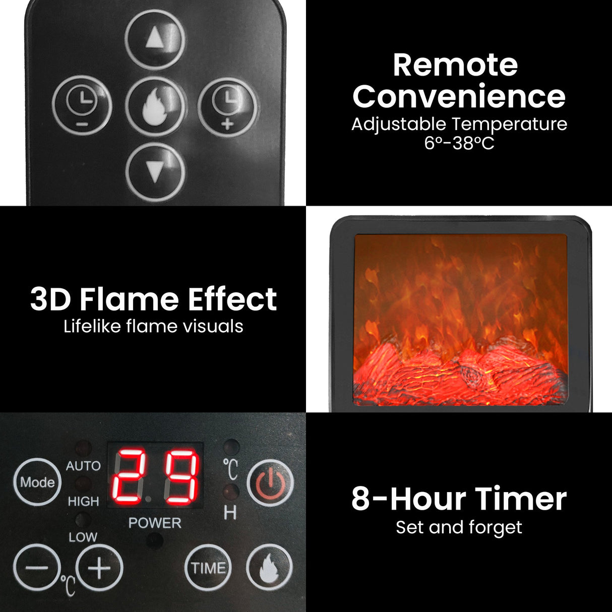 Portable heater with 3D flame effect shown beside lounge furniture
