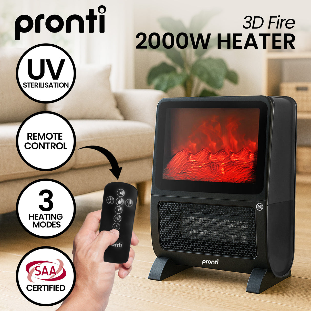 Portable 2000W flame effect heater warming a bedroom