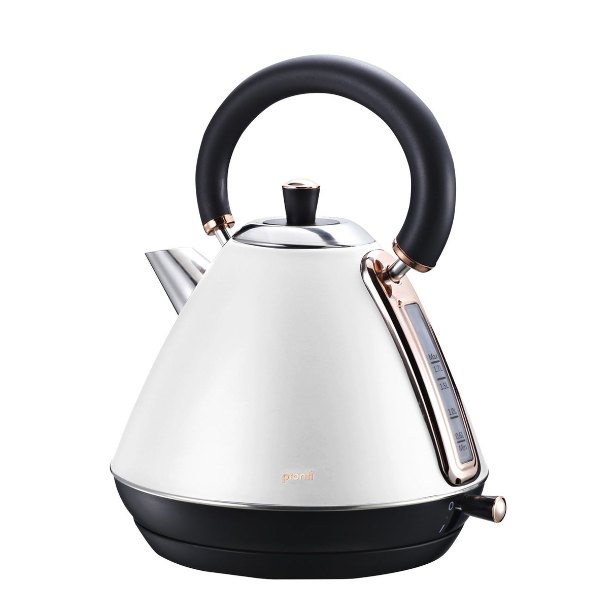 White 1.7 litre kettle with rose gold trim and pull up lid