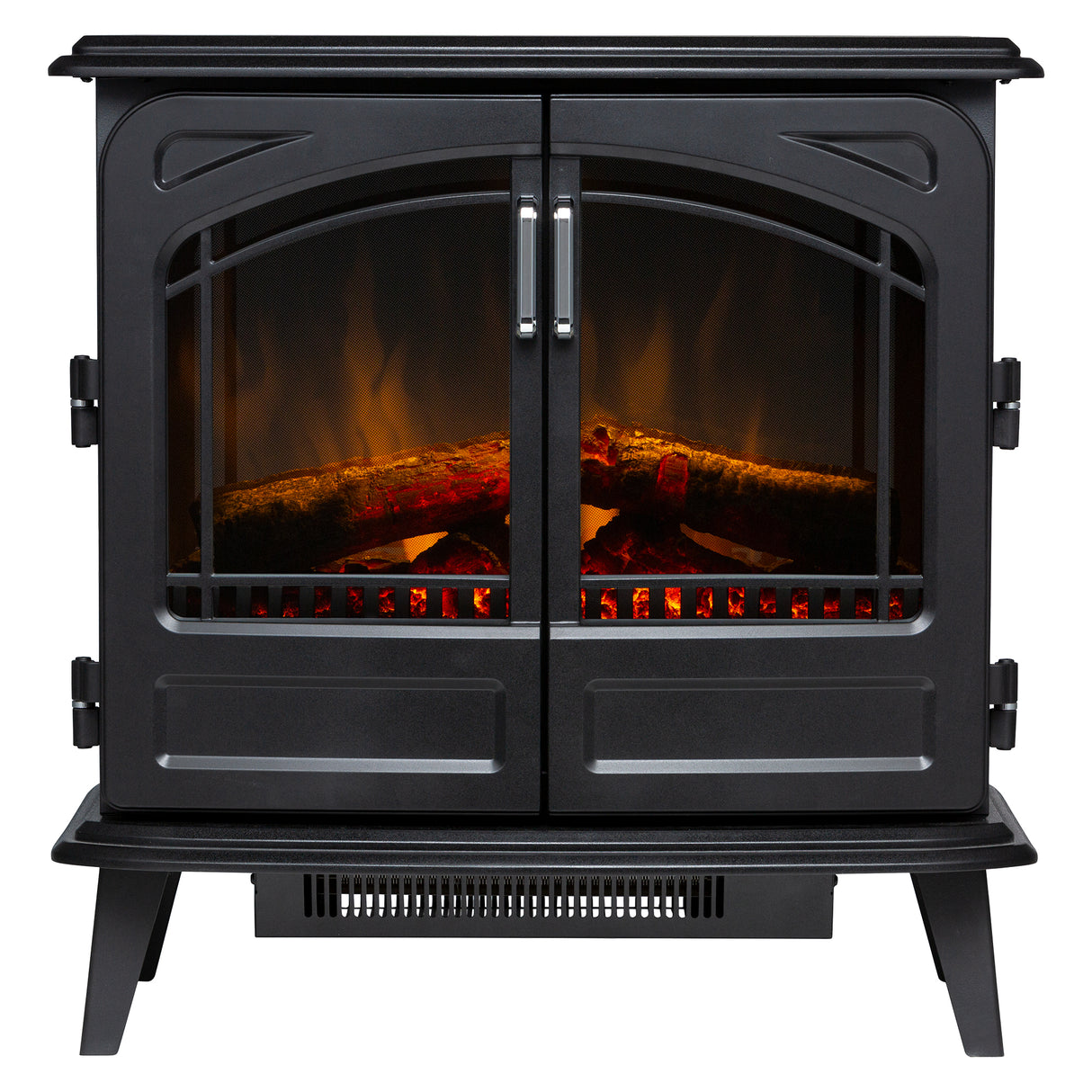 Matte black electric fire stove heater with LED log flame effect and opening double doors