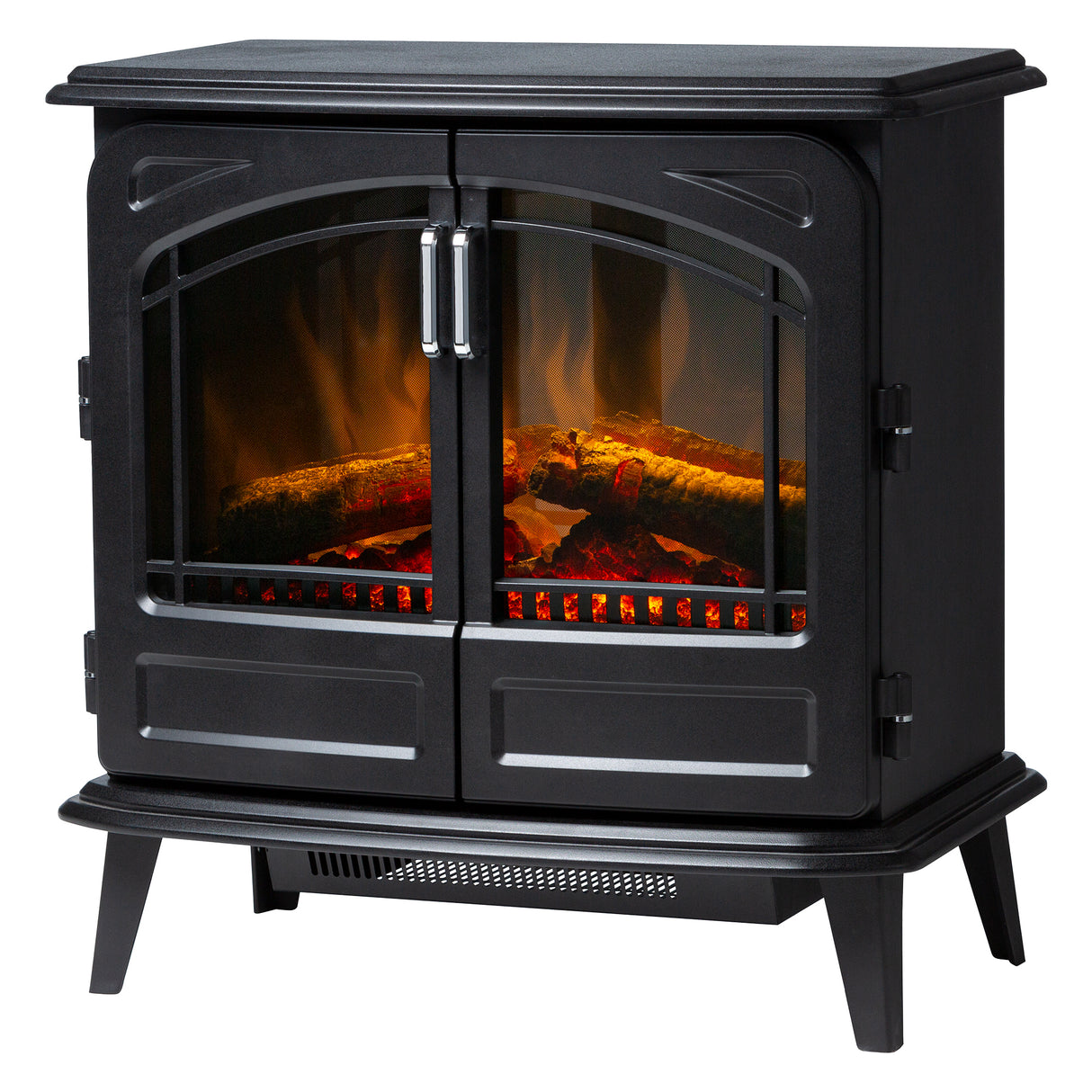 Angled view of cast iron effect electric stove heater in matte black