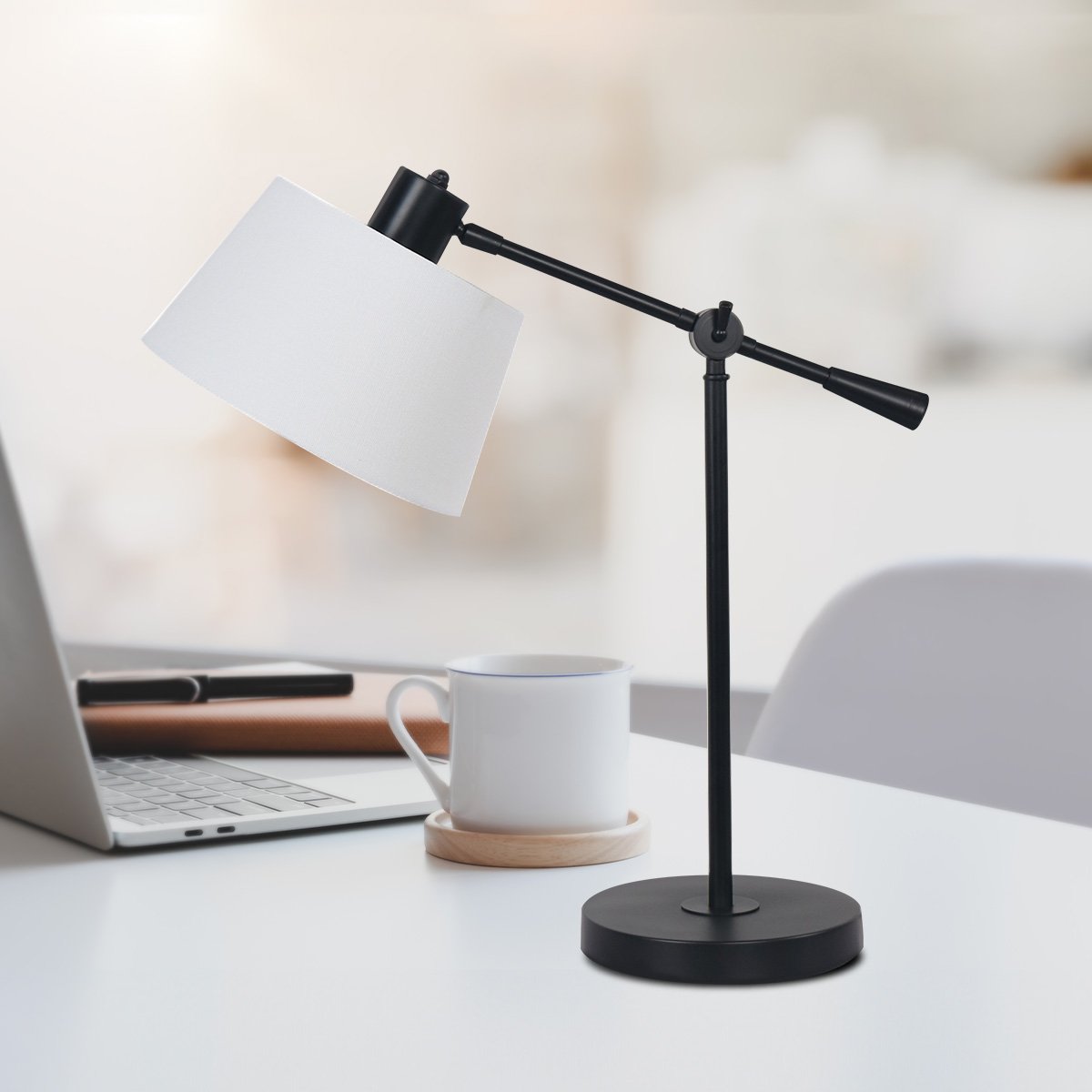 Adjustable black metal table lamp with white linen shade - view 9