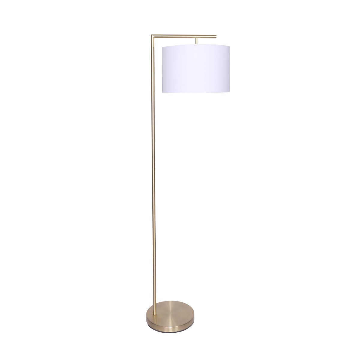Modern arc floor lamp with brass finish and white drum shade