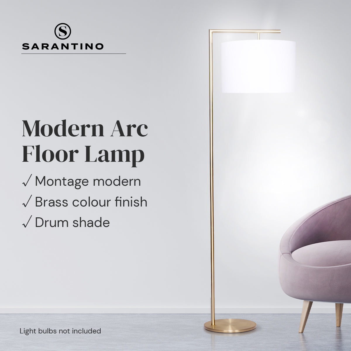 Modern arc floor lamp with brass finish and white drum shade