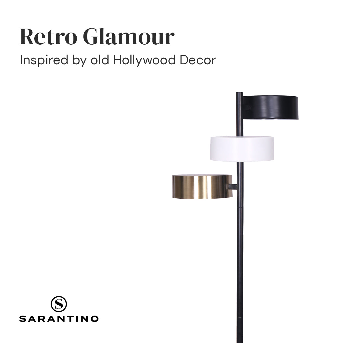 Mid century tree floor lamp with three shades in black, white and gold