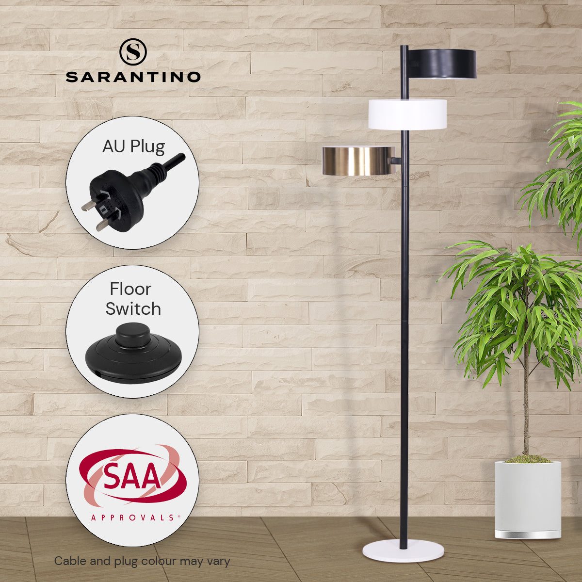 Mid century tree floor lamp with three shades in black, white and gold