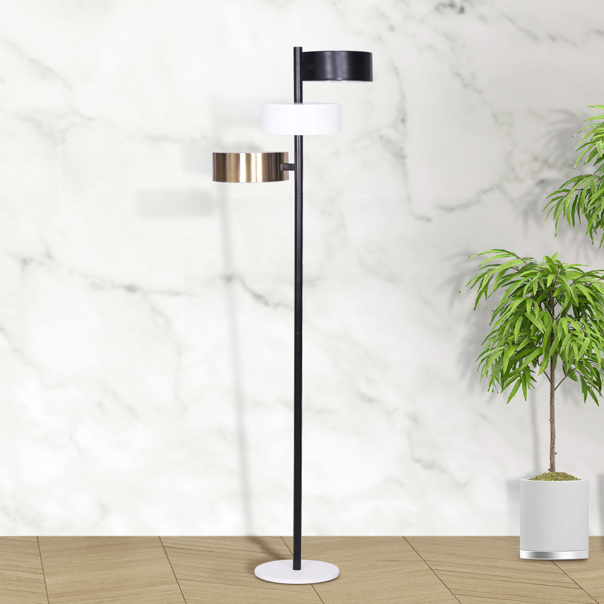 Mid century tree floor lamp with three shades in black, white and gold
