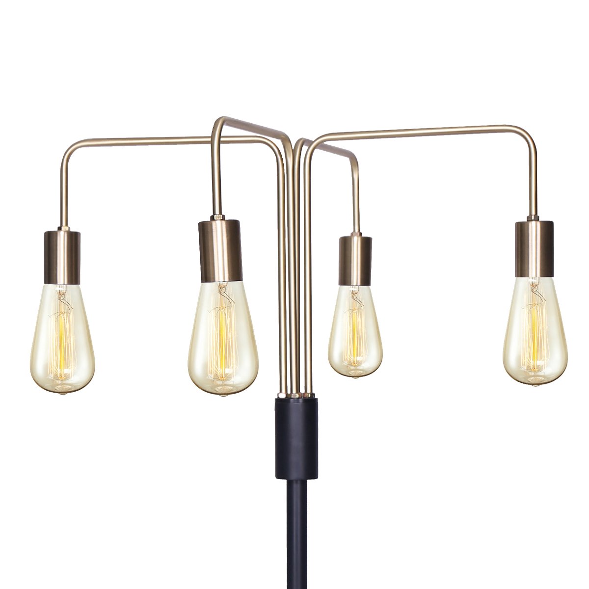 Industrial four arm floor lamp with exposed bulbs in antique brass and matte black