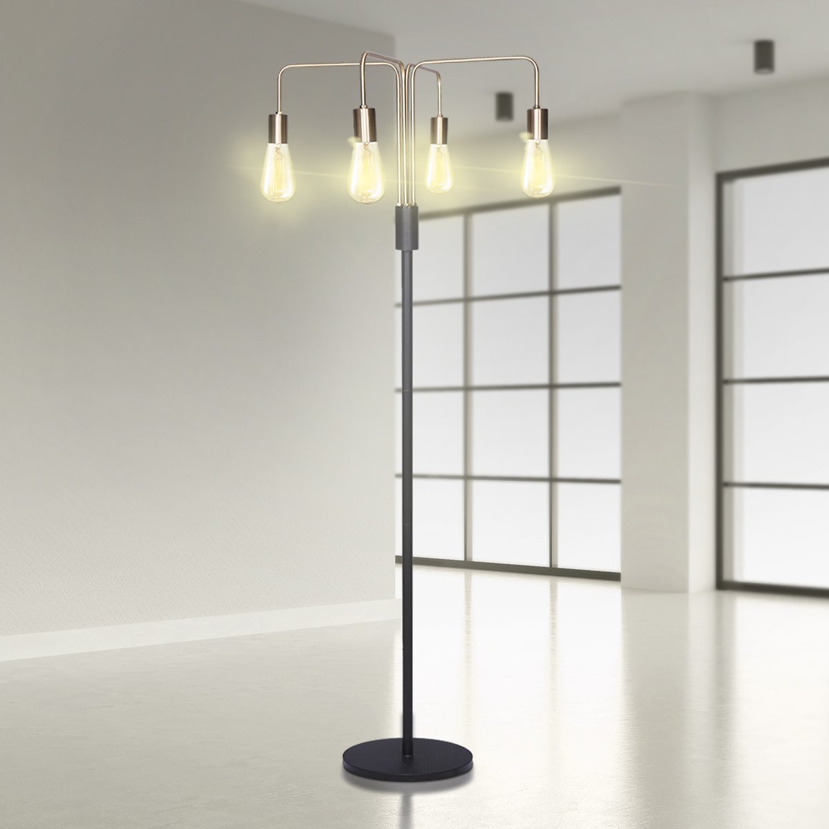 Industrial four arm floor lamp with exposed bulbs in antique brass and matte black