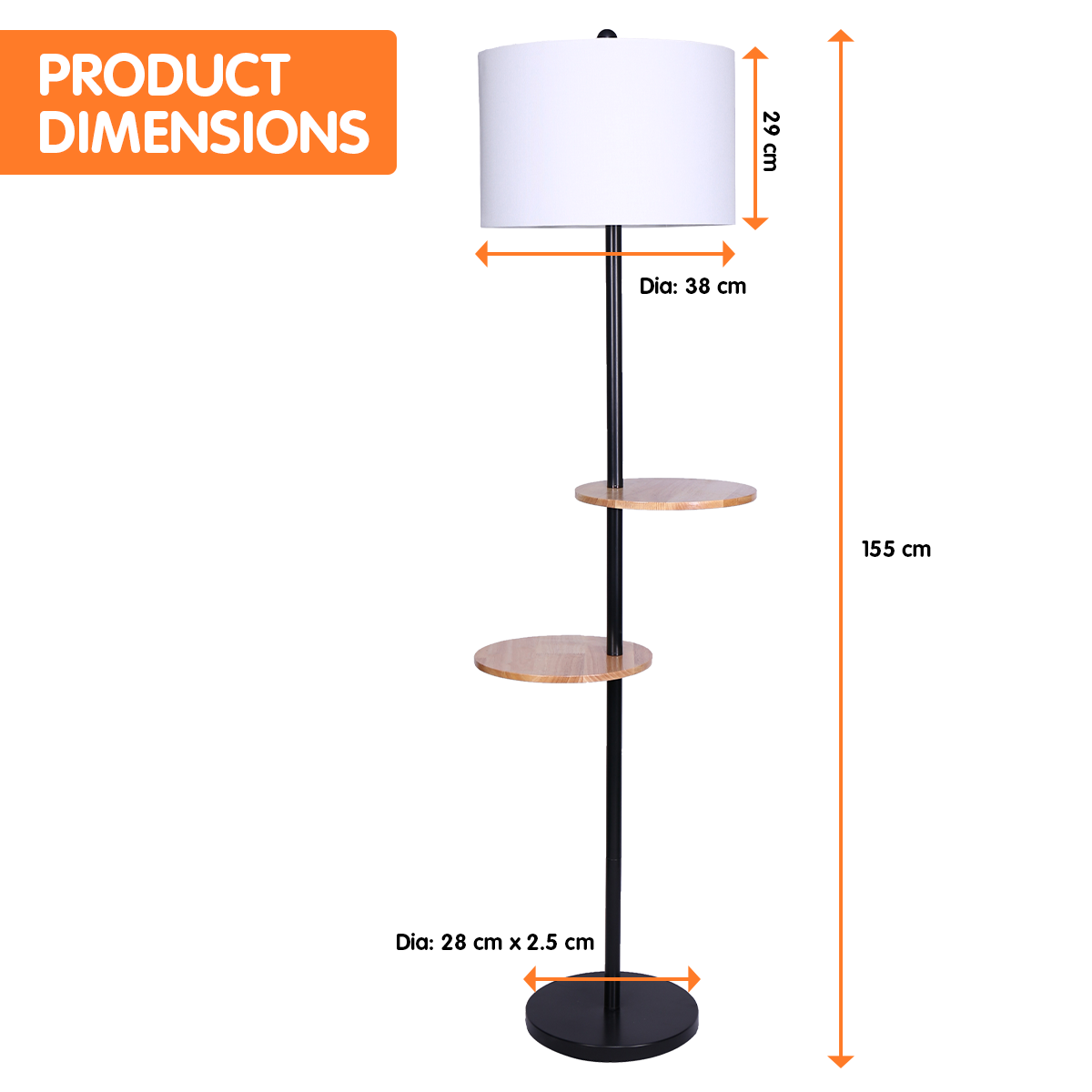 Metal floor lamp with round wood shelves and white drum shade