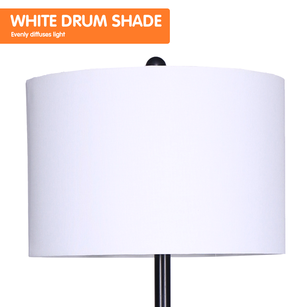 Metal floor lamp with round wood shelves and white drum shade
