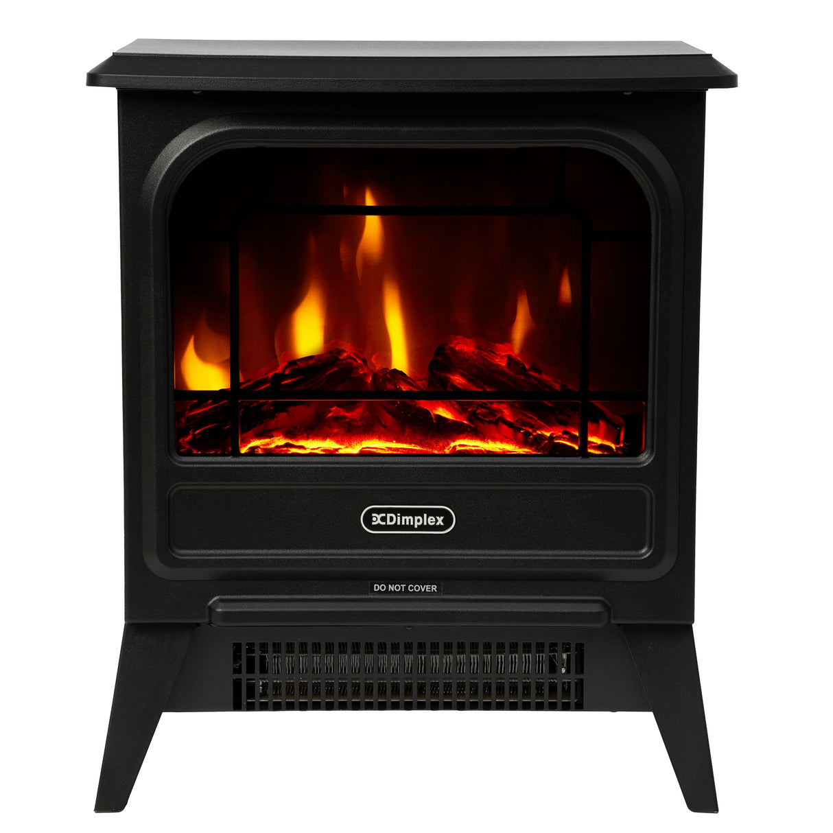 Black portable electric fire stove with flame effect over a coal bed