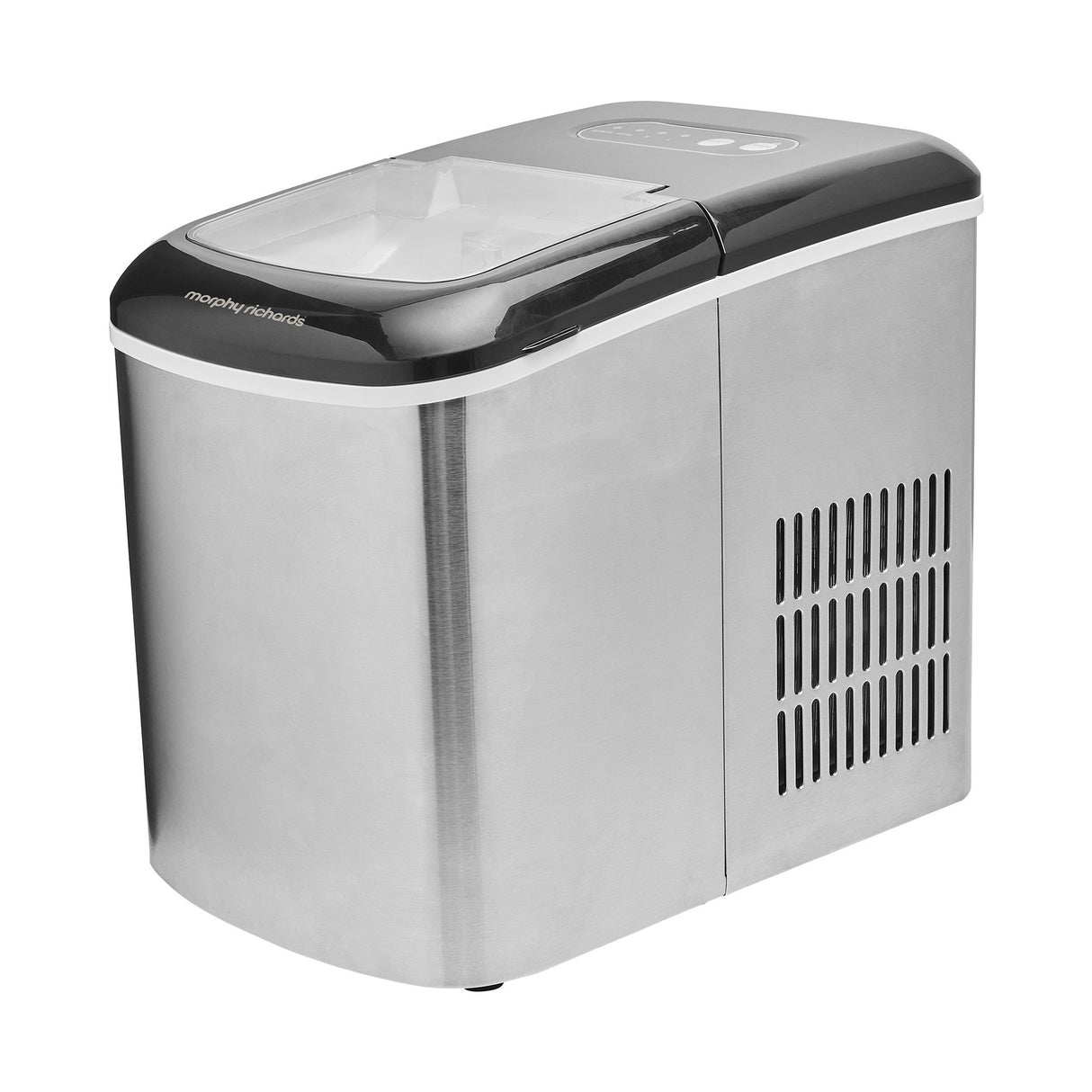 Ice maker with clear lid open showing the ice bin