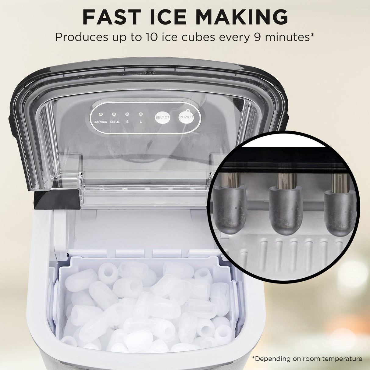 Side view of the stainless steel countertop ice machine