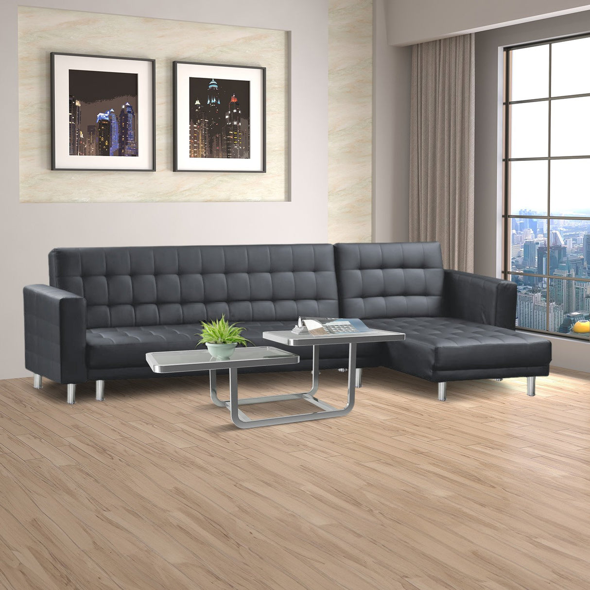 Sarantino Black Faux Leather Corner Sofa Bed