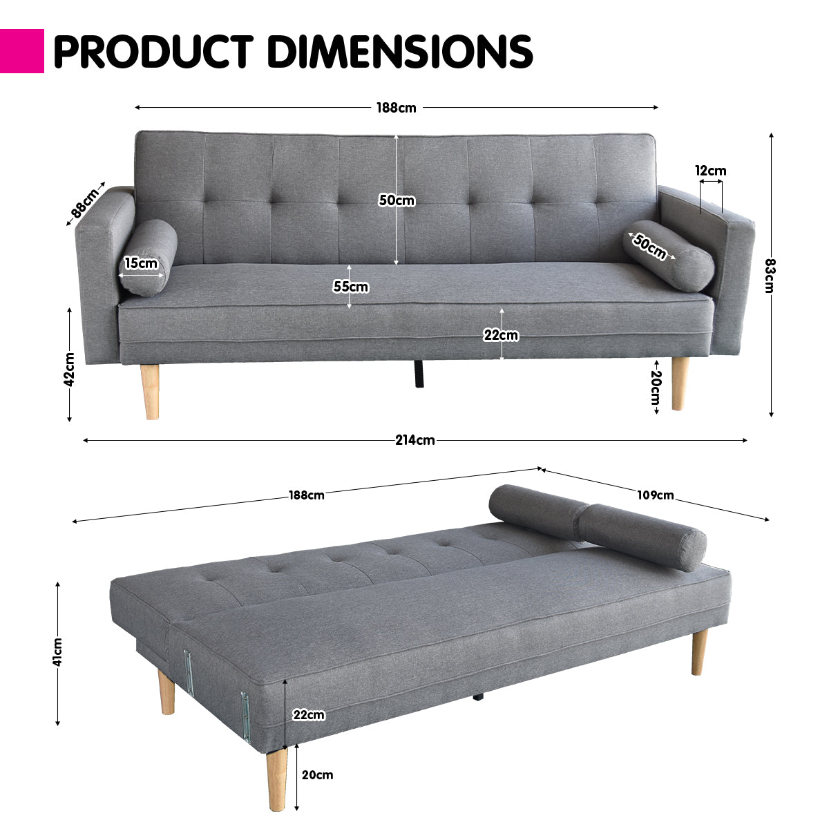 Villajoyosa 3 Seater Sofa Bed, Light Grey