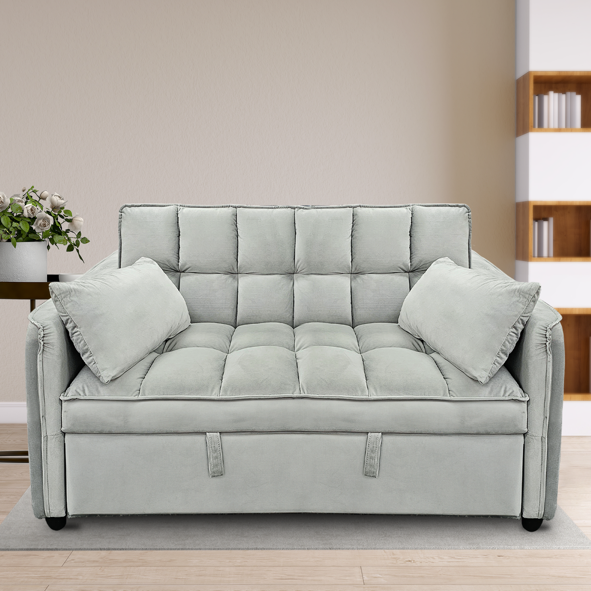 Sarantino QUINCY 2-Seater Velvet Sofa Bed — Light Grey, Wooden Frame, Tufted — Allure Home Collections