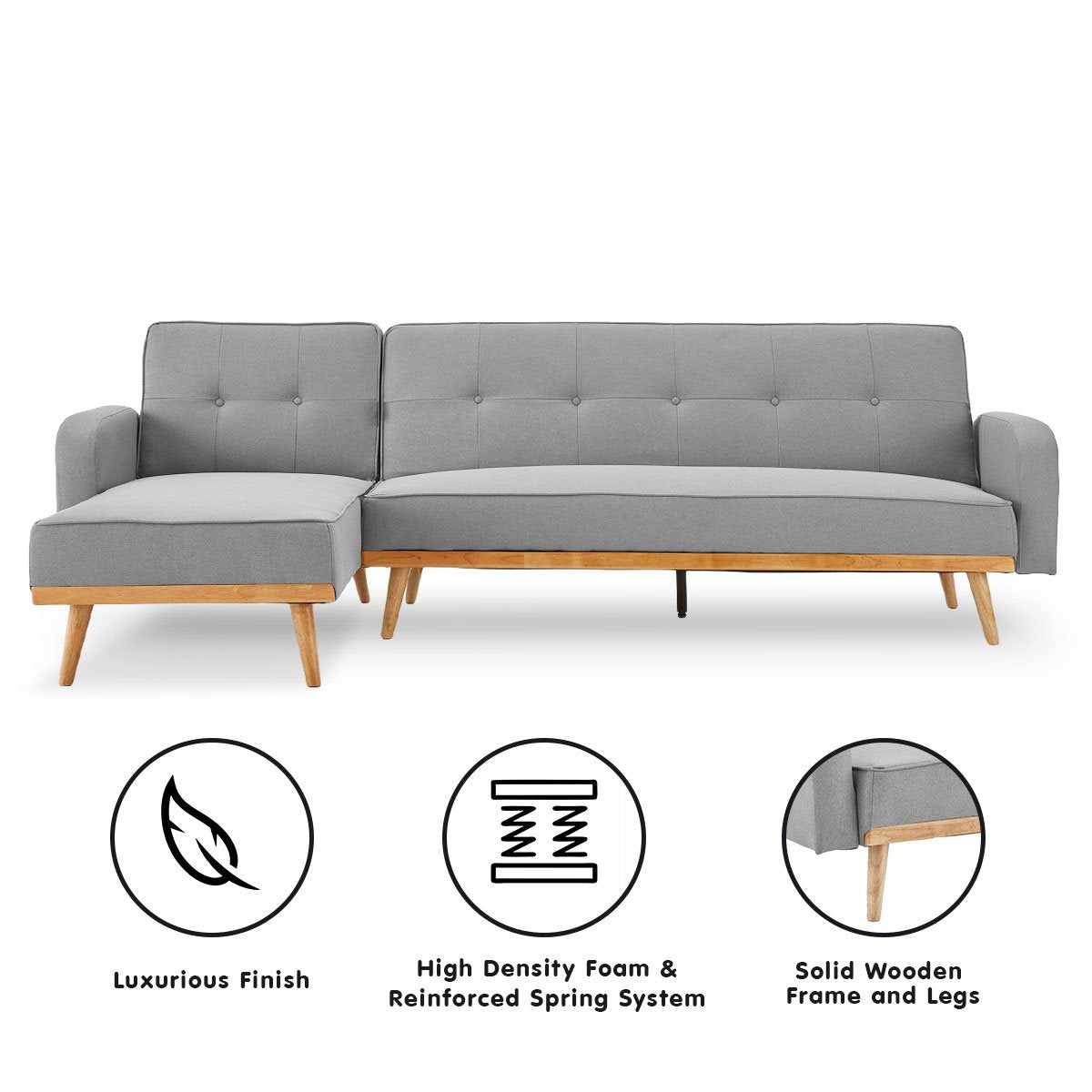 Sarantino 3-Seater Corner Sofa Bed - Light Grey