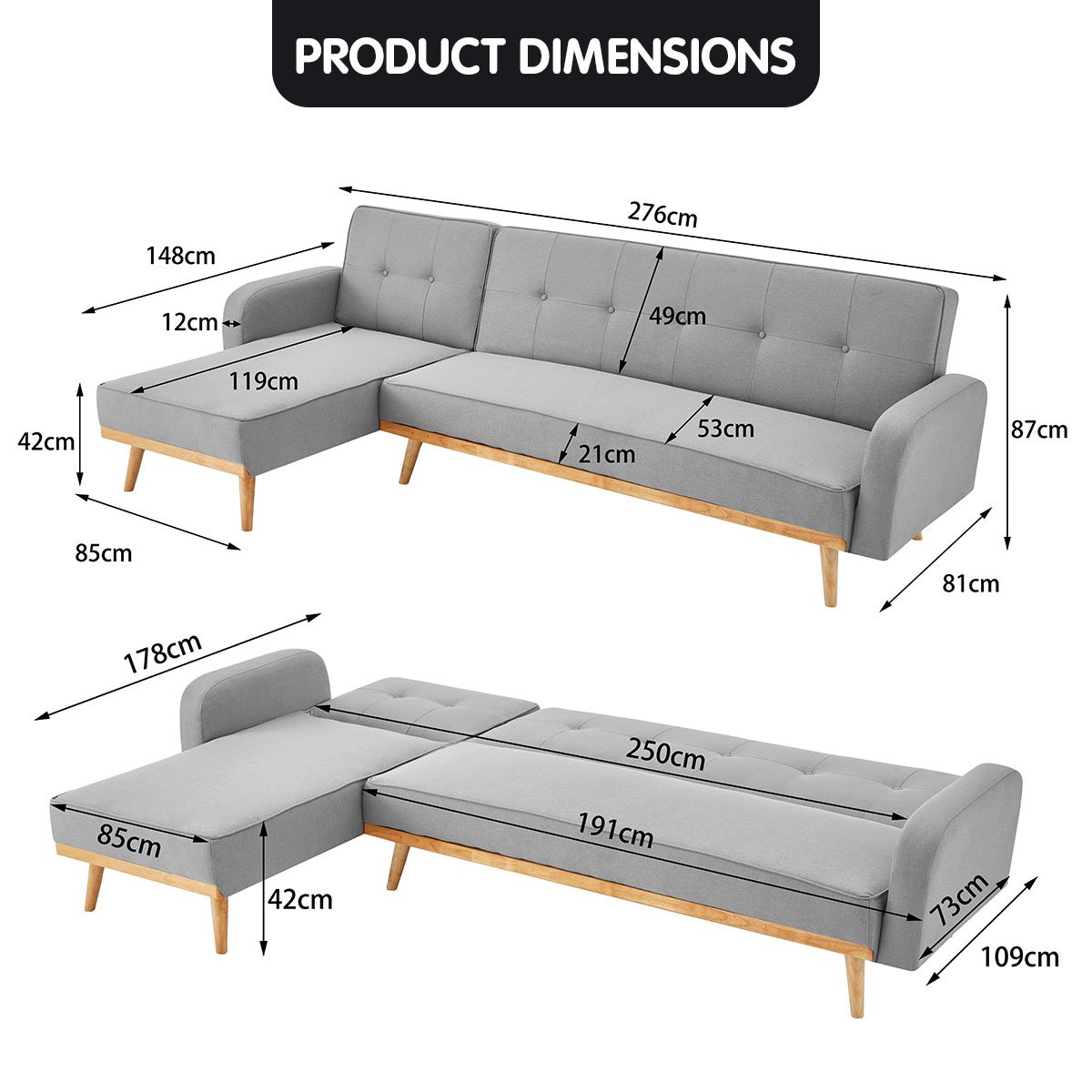 Sarantino 3-Seater Corner Sofa Bed - Light Grey