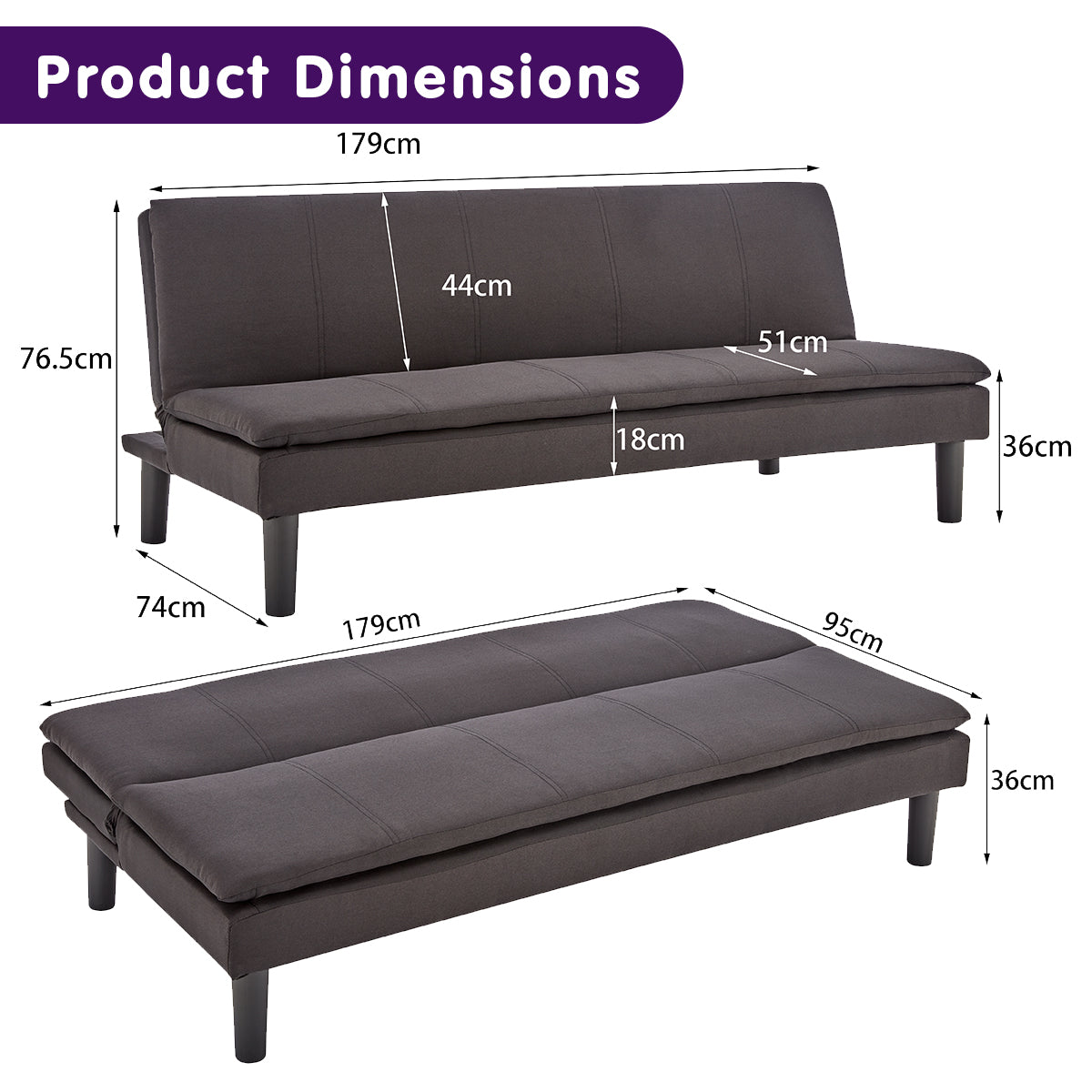 Sarantino Modular 3 Seater Sofa Bed - Black
