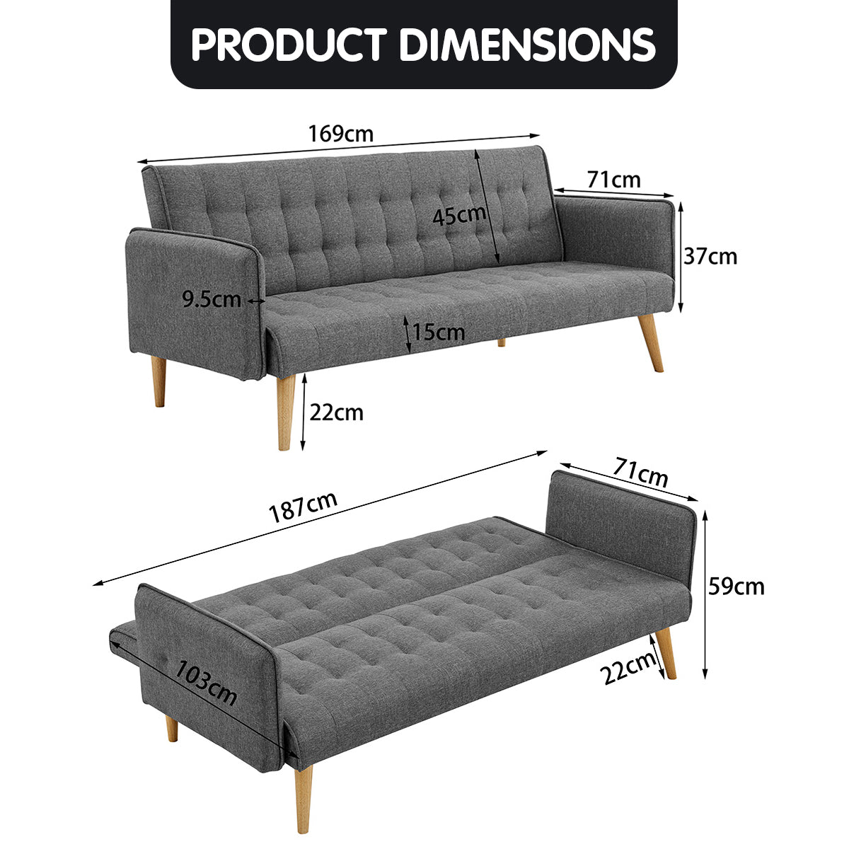 Sarantino Grey 3-Seater Modular Sofa Bed